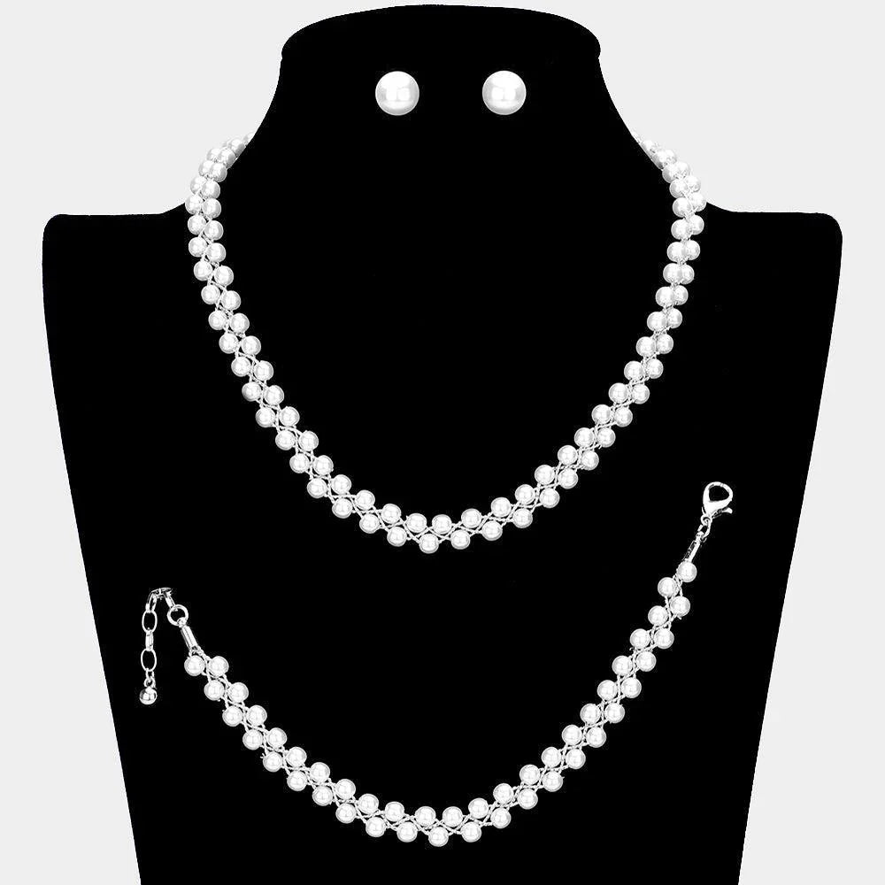 White 3 Piece Braided Chain Pearl Necklace Jewelry Set - Jewelry Store by Erik Rayo