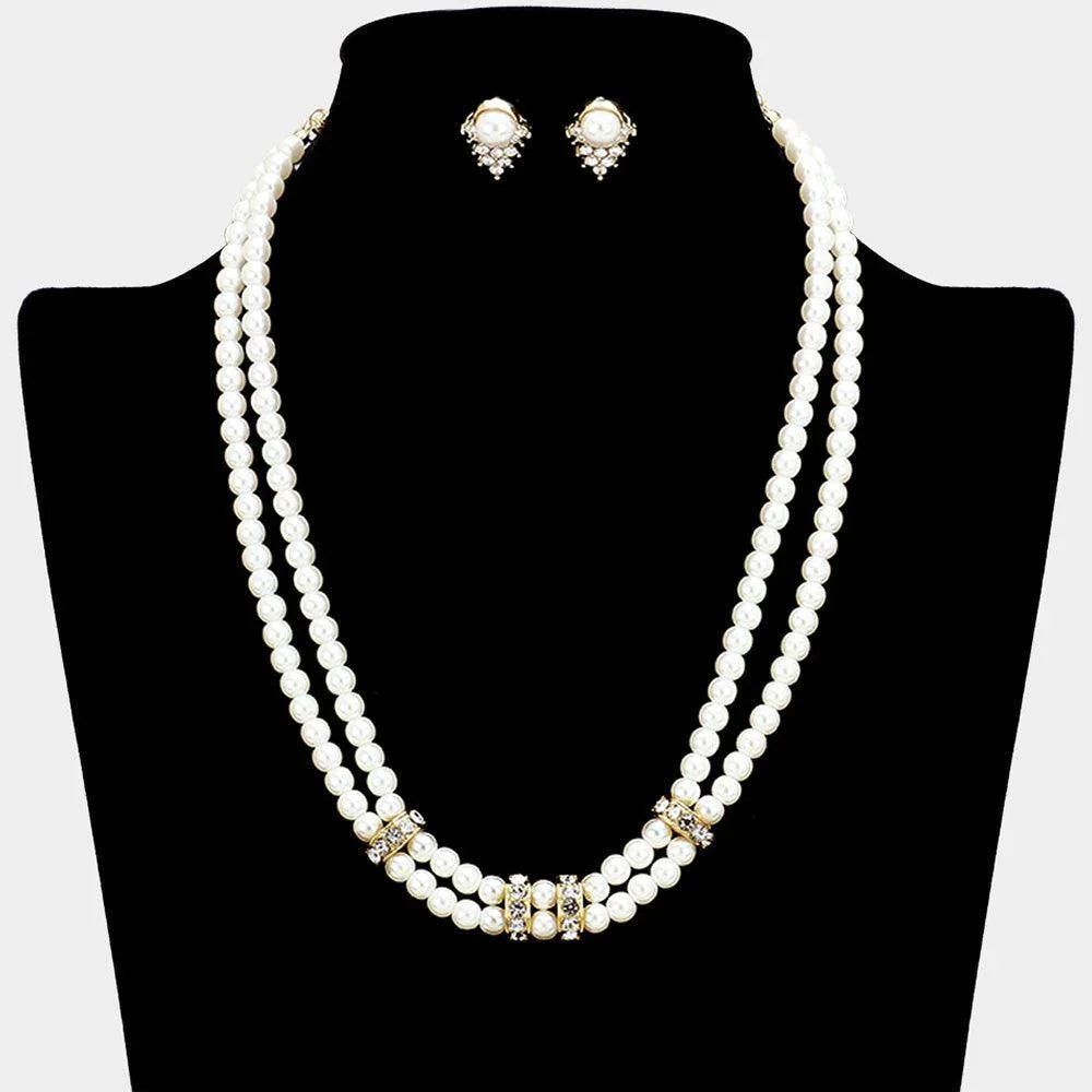 Cream Crystal rhinestone detail double pearl strand necklace - Jewelry Store by Erik Rayo