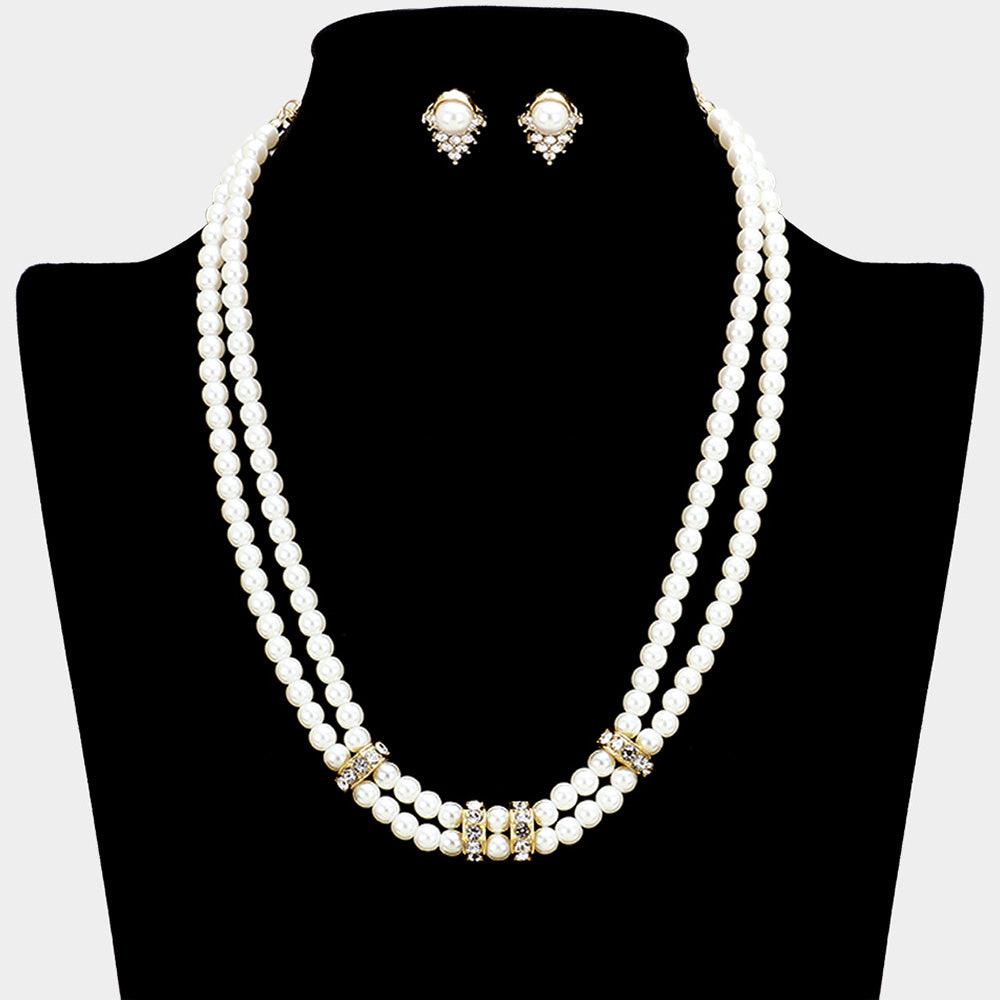 Cream Crystal rhinestone detail double pearl strand necklace