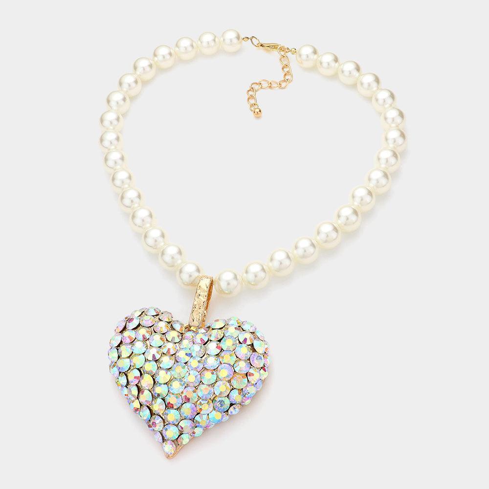 Gold Stone Paved Heart Pendant Pearl Necklace - Jewelry Store by Erik Rayo