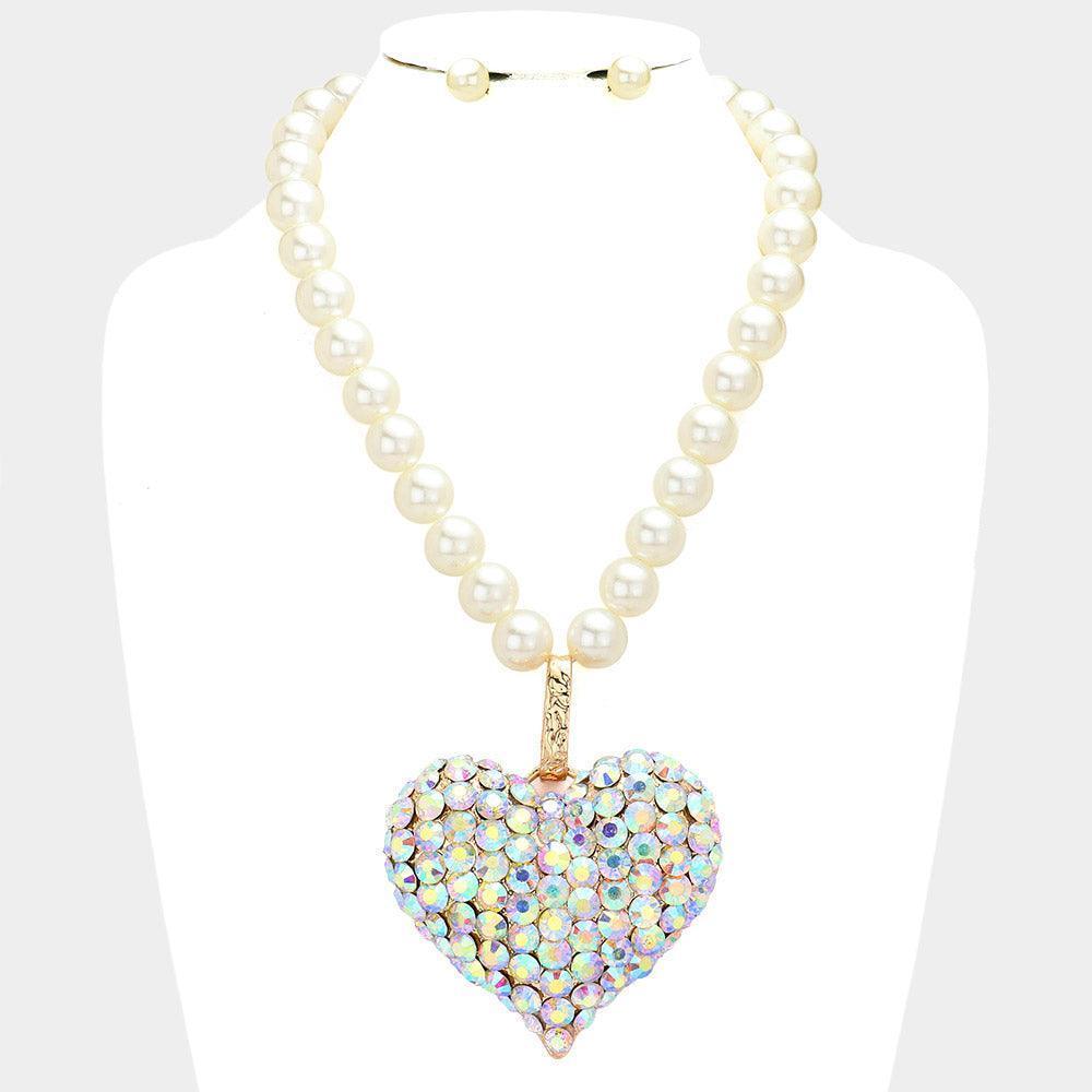 Gold Stone Paved Heart Pendant Pearl Necklace - Jewelry Store by Erik Rayo
