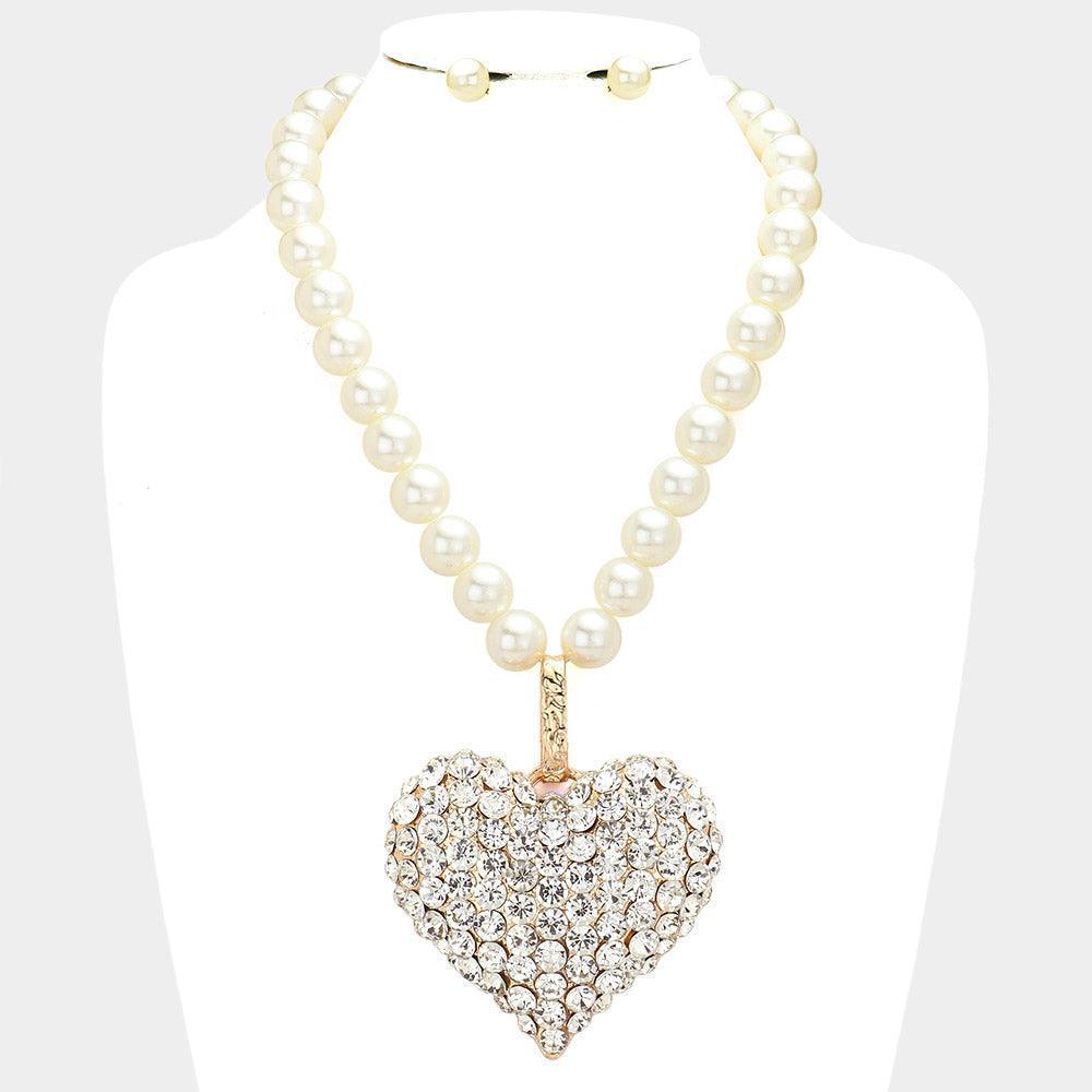 Gold Stone Paved Heart Pendant Pearl Necklace - Jewelry Store by Erik Rayo