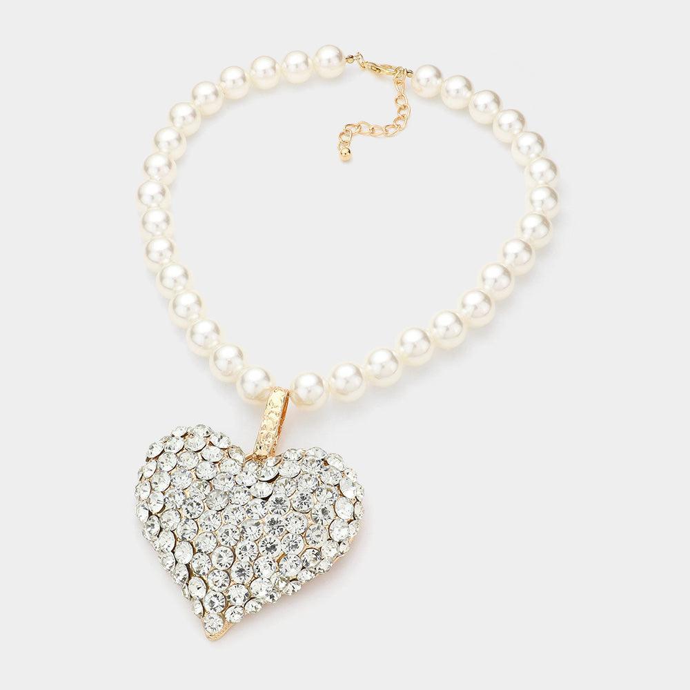 Gold Stone Paved Heart Pendant Pearl Necklace - Jewelry Store by Erik Rayo