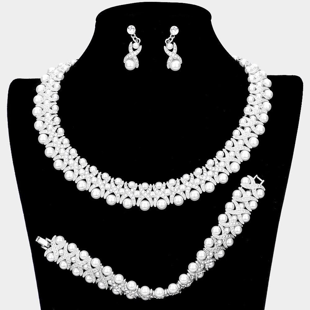 White 3 Piece 3 Rows Pearl Crystal Rhinestone Necklace Jewelry Set