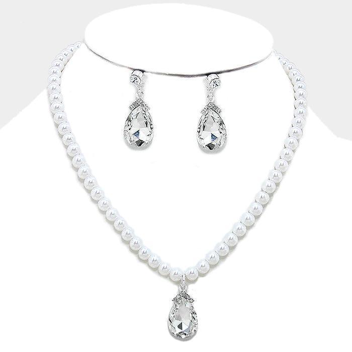 White Crystal teardrop pendant pearl strand necklace - Jewelry Store by Erik Rayo