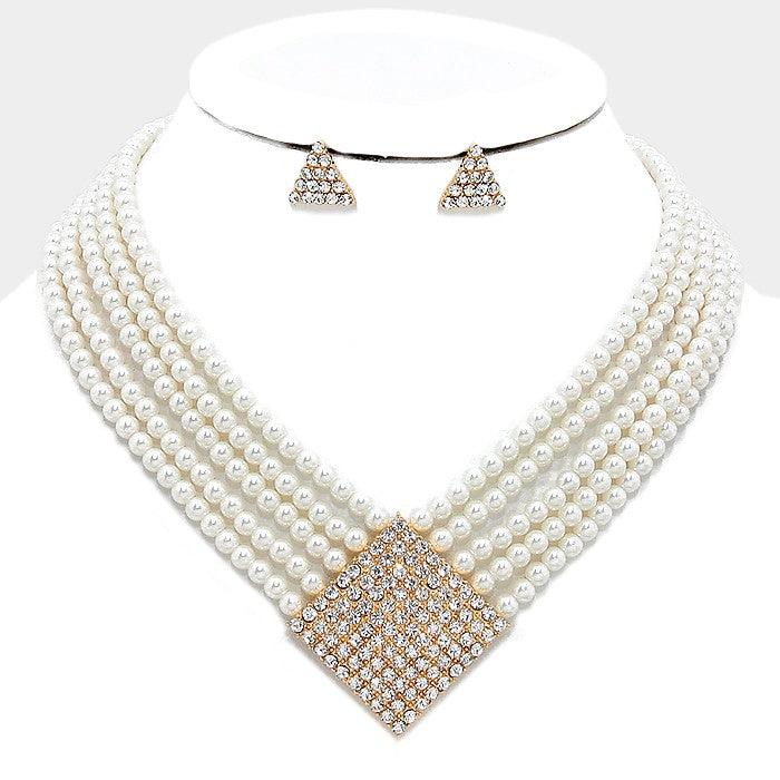 Gold Geometric crystal detail multi-strand pearl necklace