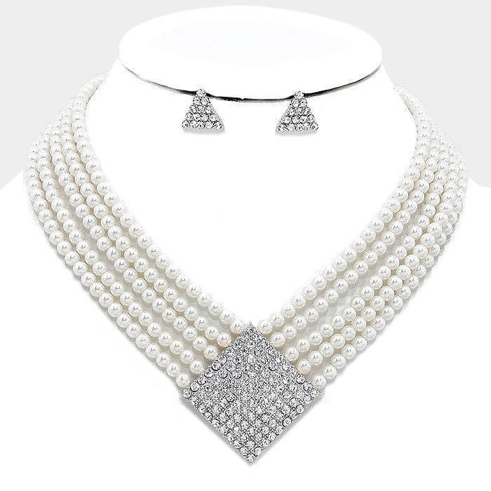 White Geometric crystal detail multi-strand pearl necklace - Jewelry Store by Erik Rayo