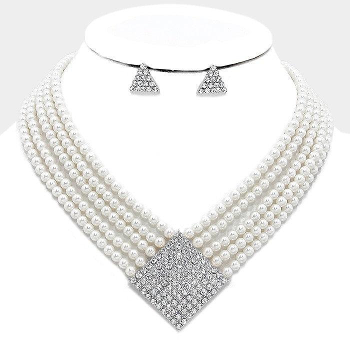 White Geometric crystal detail multi-strand pearl necklace