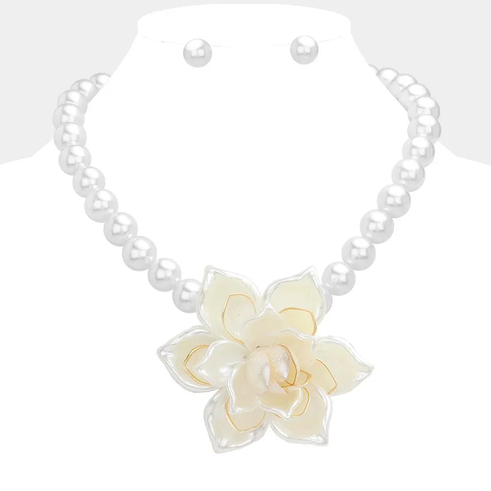 White Pearl Flower Accented Statement Necklace - Jewelry Store by Erik Rayo