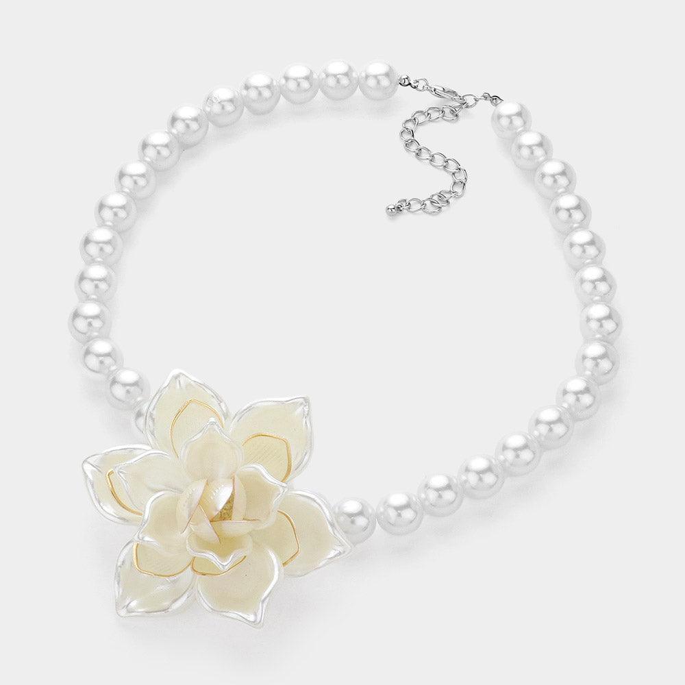White Pearl Flower Accented Statement Necklace - Jewelry Store by Erik Rayo