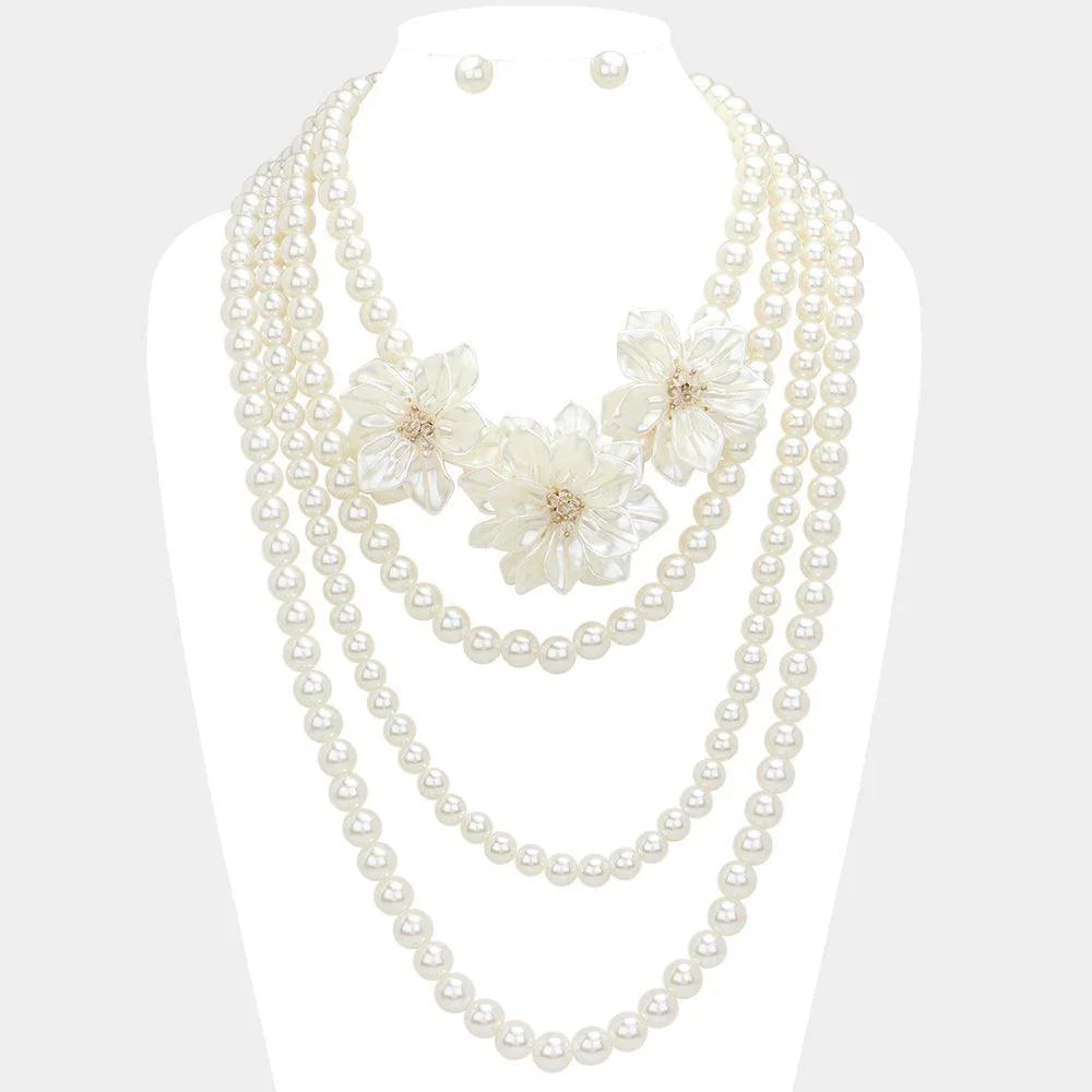 Cream Triple Pearl Flower Accented Multi Layered Statement Necklace - Jewelry Store by Erik Rayo