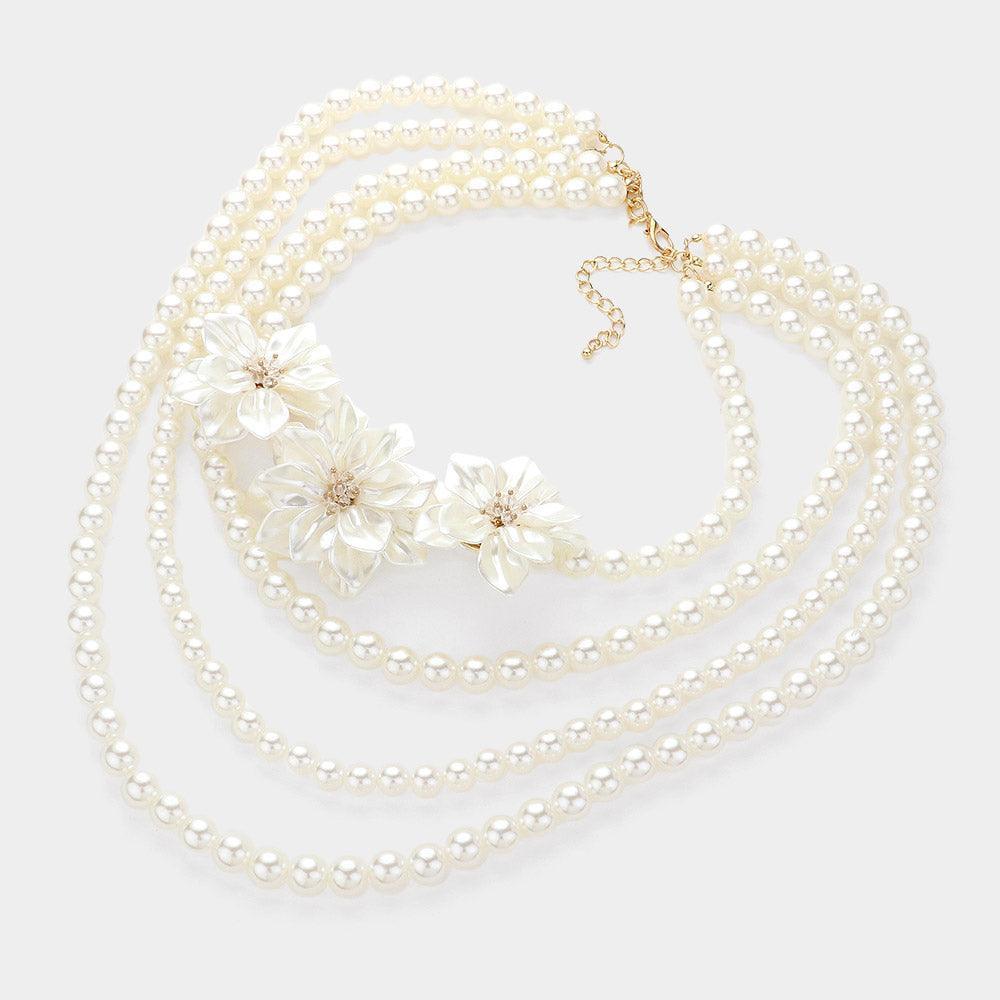 Cream Triple Pearl Flower Accented Multi Layered Statement Necklace - Jewelry Store by Erik Rayo