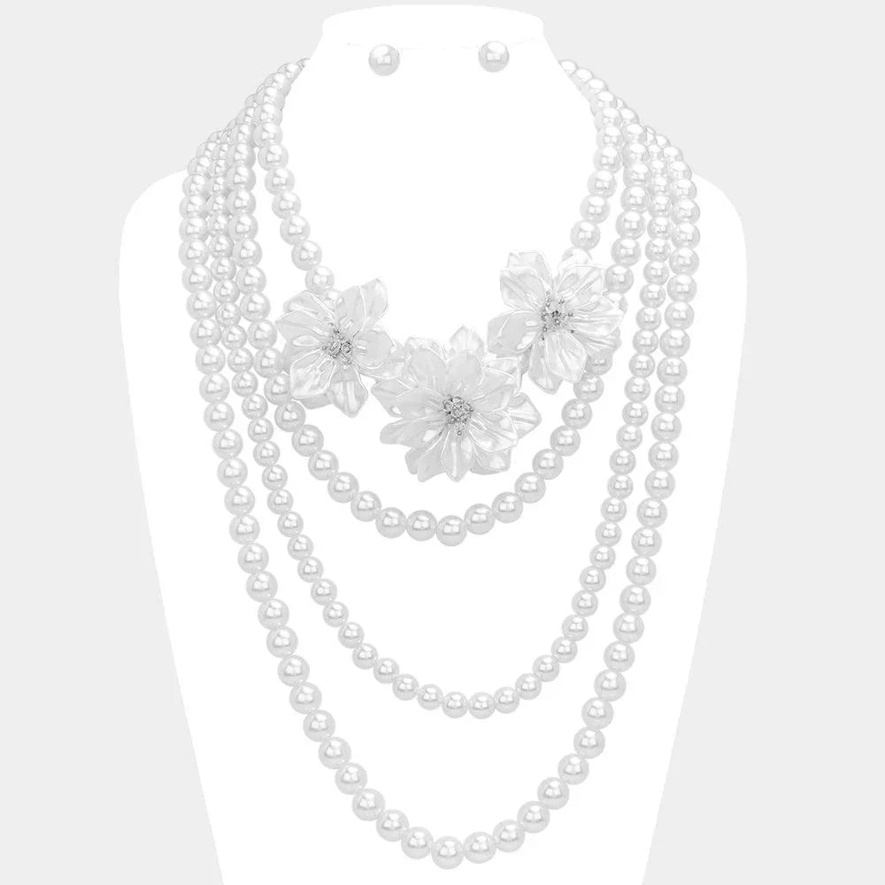 White Triple Pearl Flower Accented Multi Layered Statement Necklace