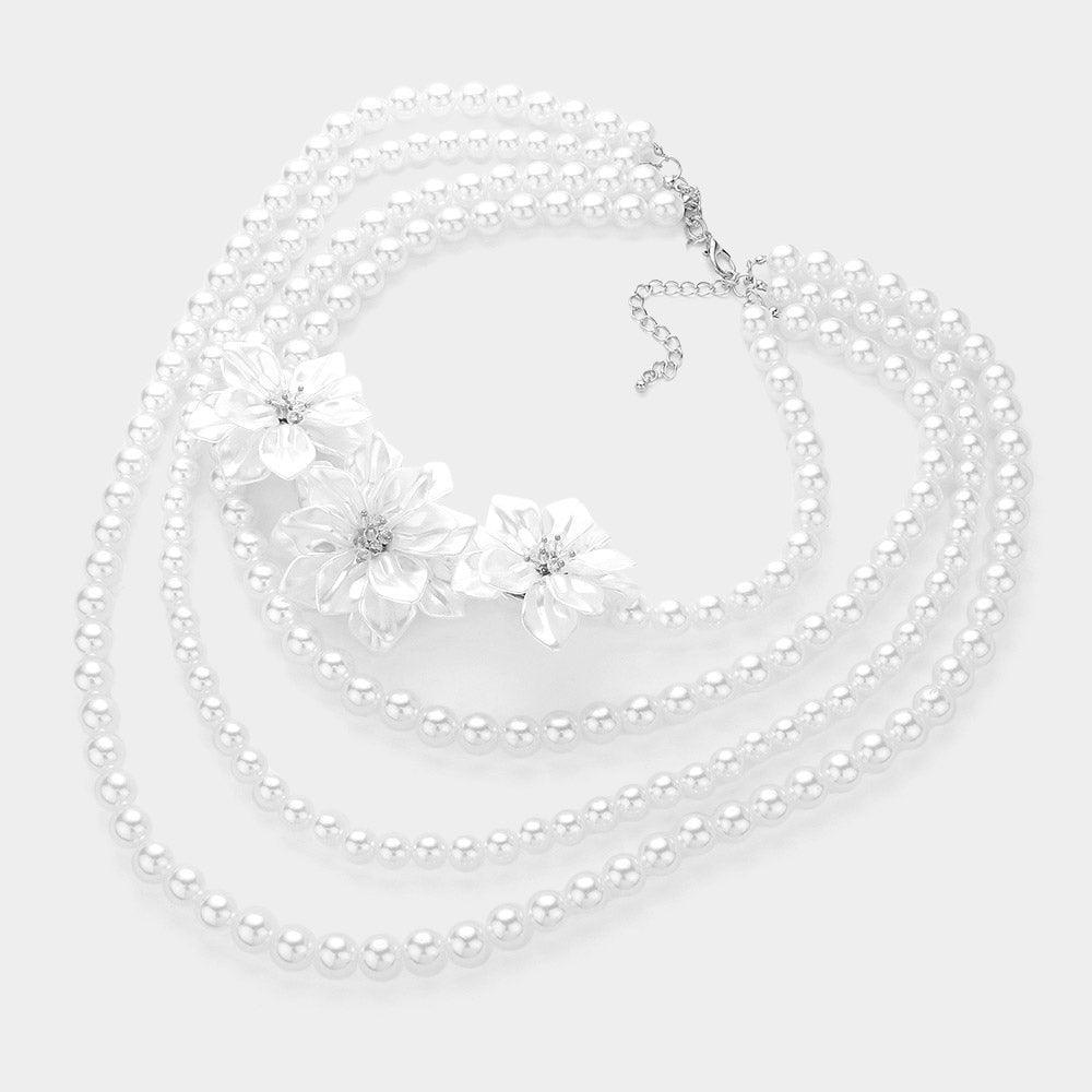 White Triple Pearl Flower Accented Multi Layered Statement Necklace