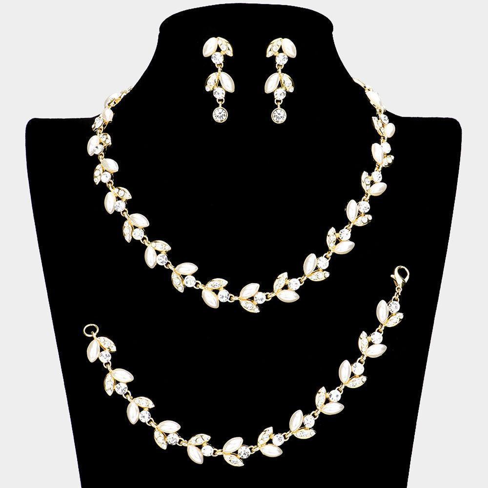 Cream 3 Piece Crystal Rhinestone Pearl Leaf Cluster Necklace Set - Jewelry Store by Erik Rayo