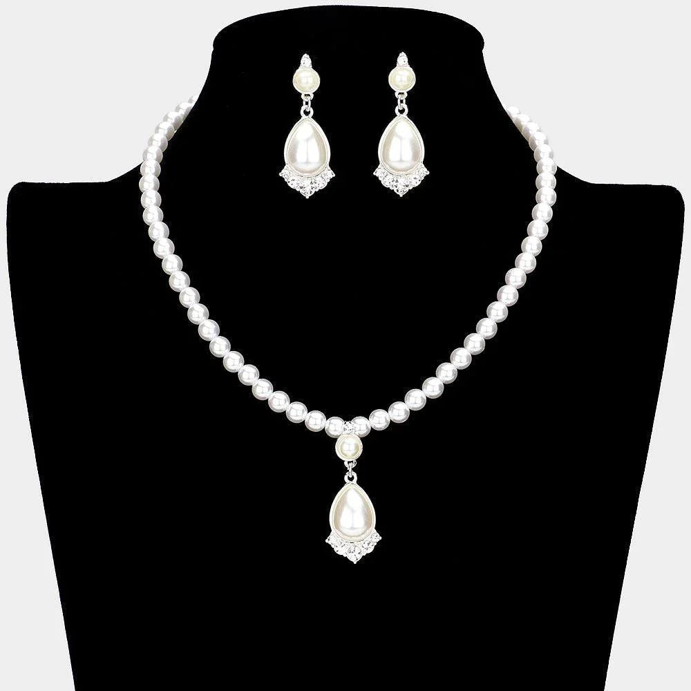 White Crystal Rhinestone Teardrop Pearl Dangle Necklace - Jewelry Store by Erik Rayo