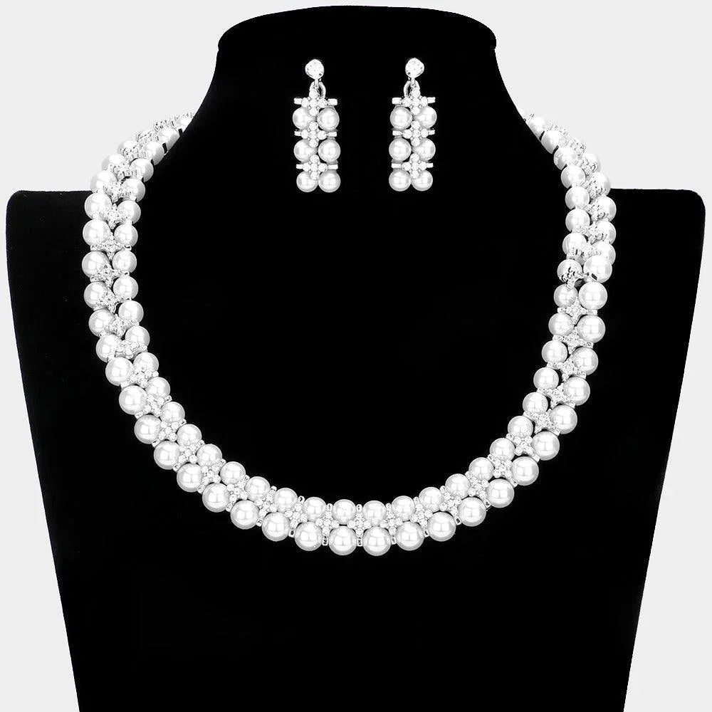 White Crystal Rhinestone Pearl Cluster Bib Necklace - Jewelry Store by Erik Rayo