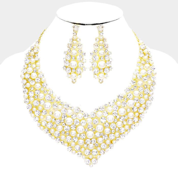 Gold Pearl Bubble Stone Cluster Bib Necklace