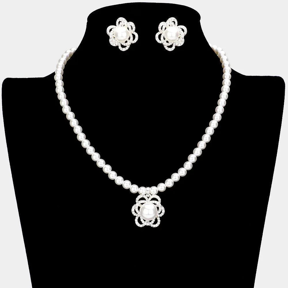 White Pearl Rhinestone Flower Statement Necklace - Jewelry Store by Erik Rayo