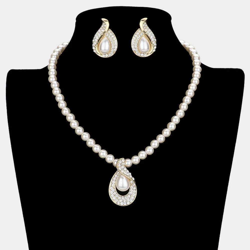 Gold Teardrop Pearl Beaded Collar Necklace Rhinestone Paved - Jewelry Store by Erik Rayo
