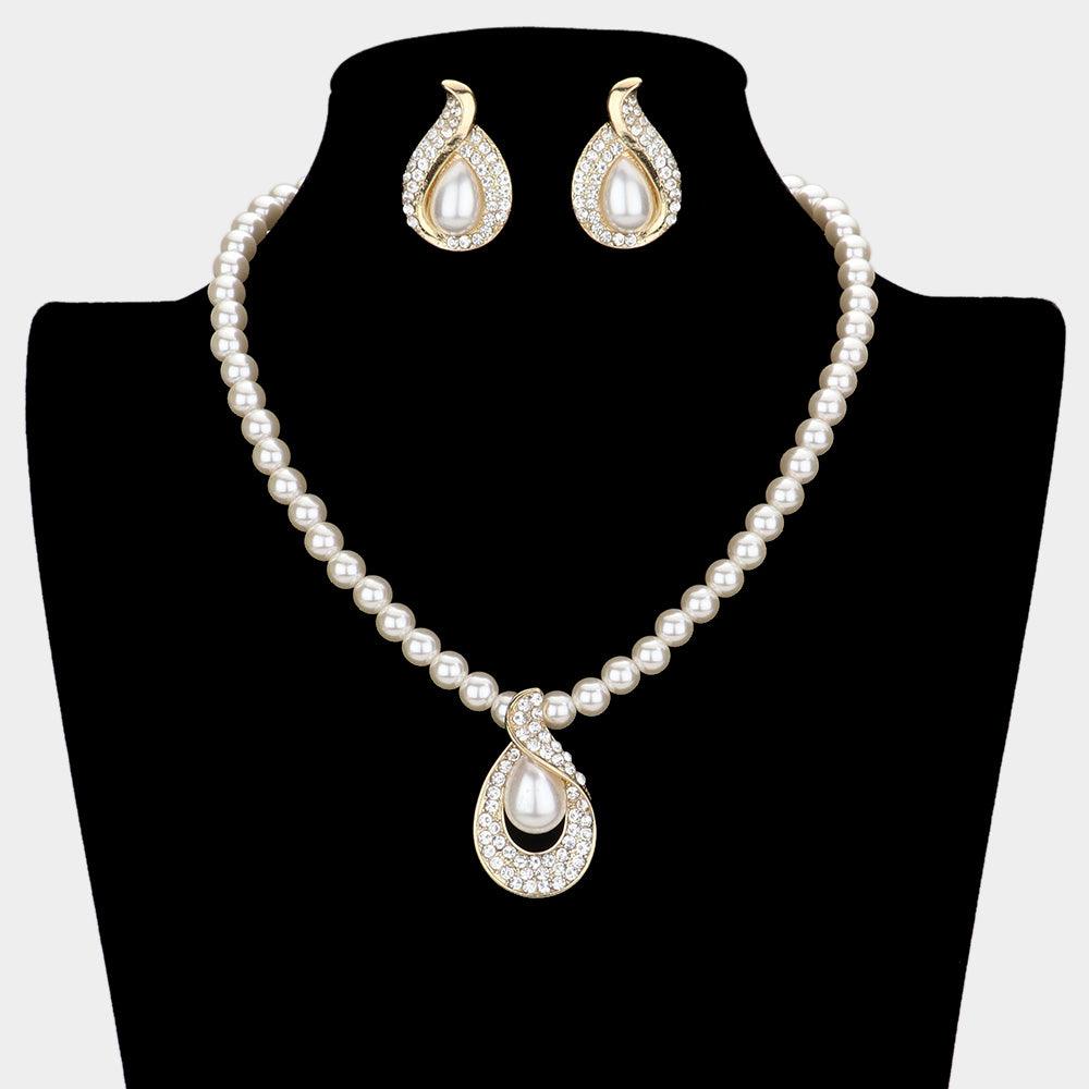 Gold Teardrop Pearl Beaded Collar Necklace Rhinestone Paved