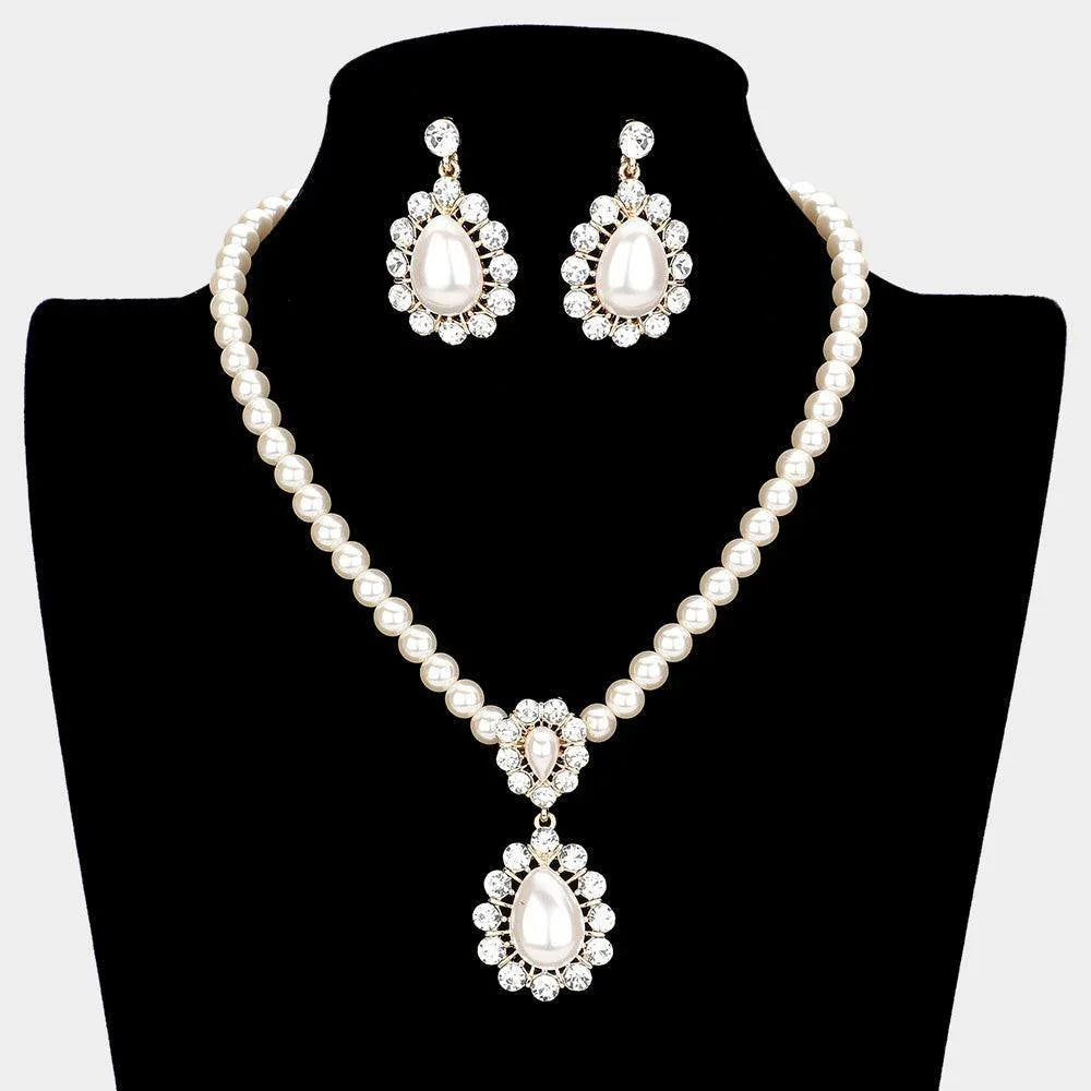 Gold Floral Teardrop Pearl Beaded Collar Necklace Rhinestone Paved - Jewelry Store by Erik Rayo