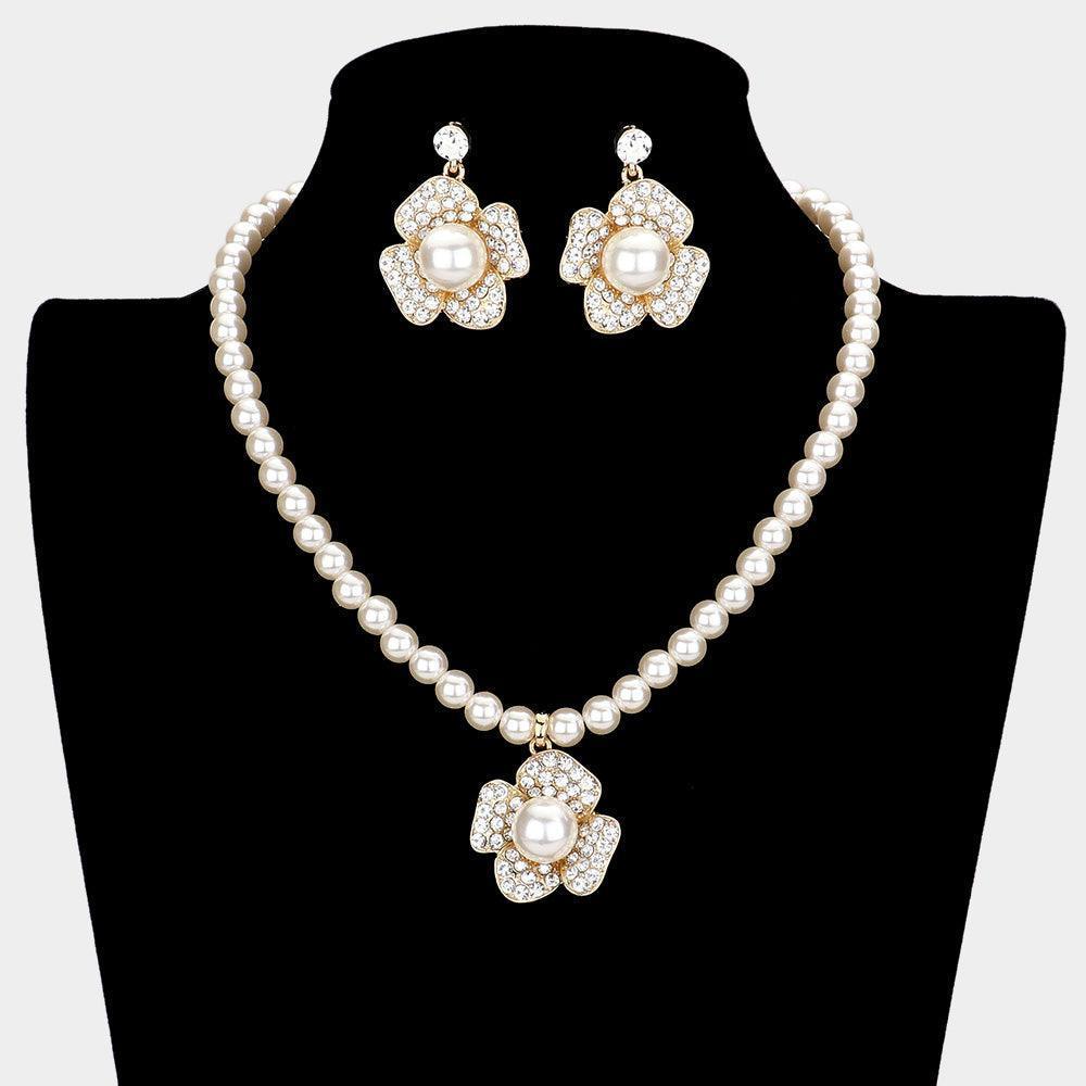 Gold Floral Pearl Collar Necklace Rhinestone Paved - Jewelry Store by Erik Rayo