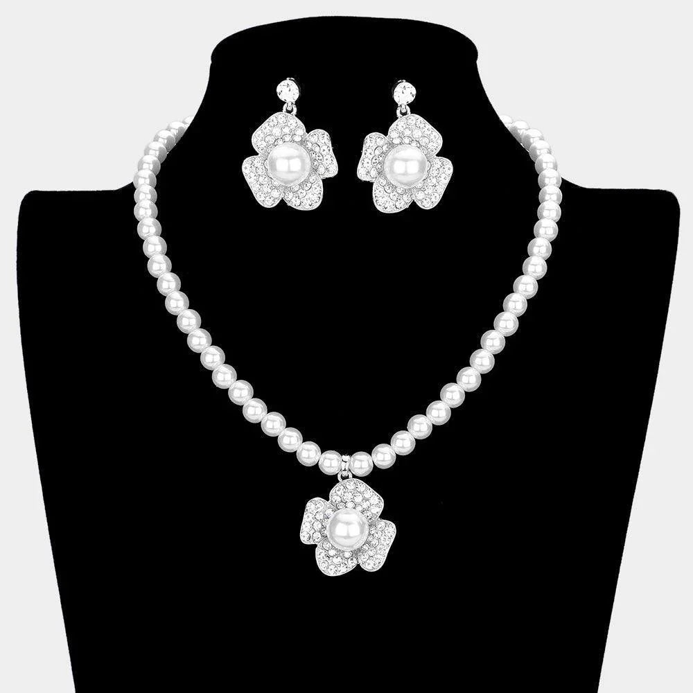Silver Floral Pearl Collar Necklace Rhinestone Paved - Jewelry Store by Erik Rayo