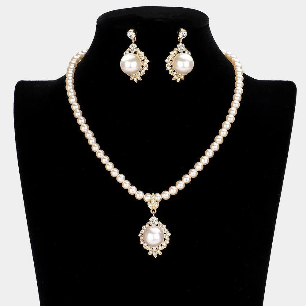 Cream Pearl Centered Rhinestone Embellished Necklace - Jewelry Store by Erik Rayo