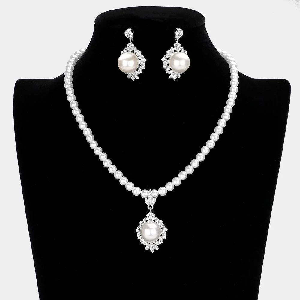 White Pearl Centered Rhinestone Embellished Necklace - Jewelry Store by Erik Rayo