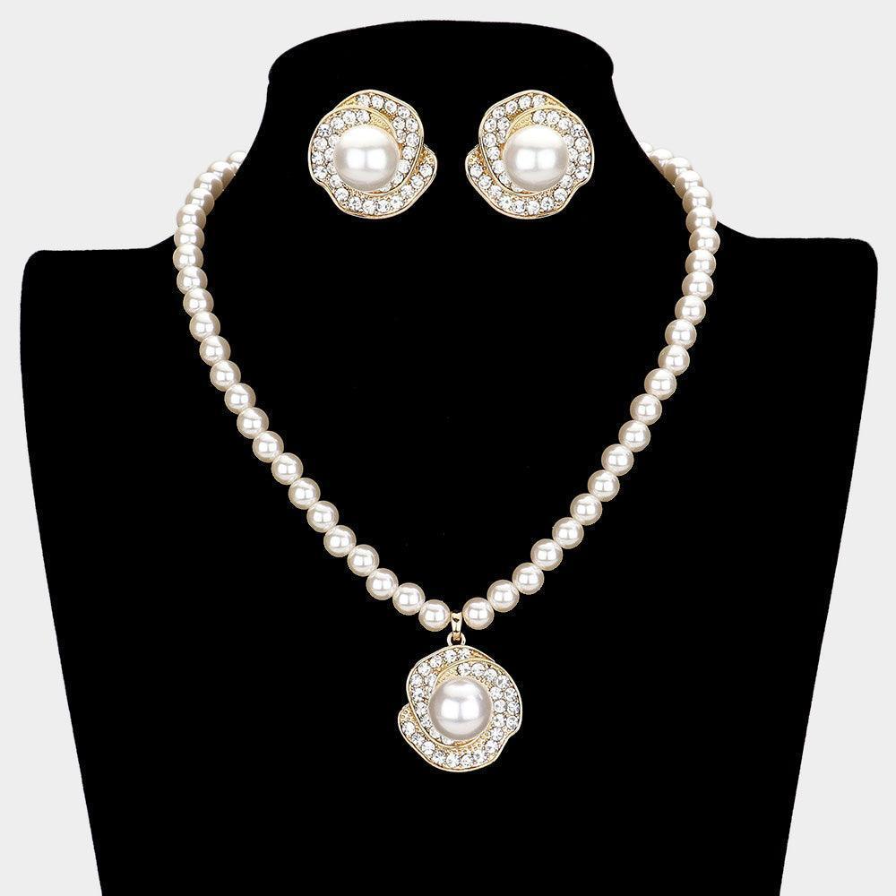 Gold Rosette Pearl Collar Necklace Rhinestone Paved - Jewelry Store by Erik Rayo