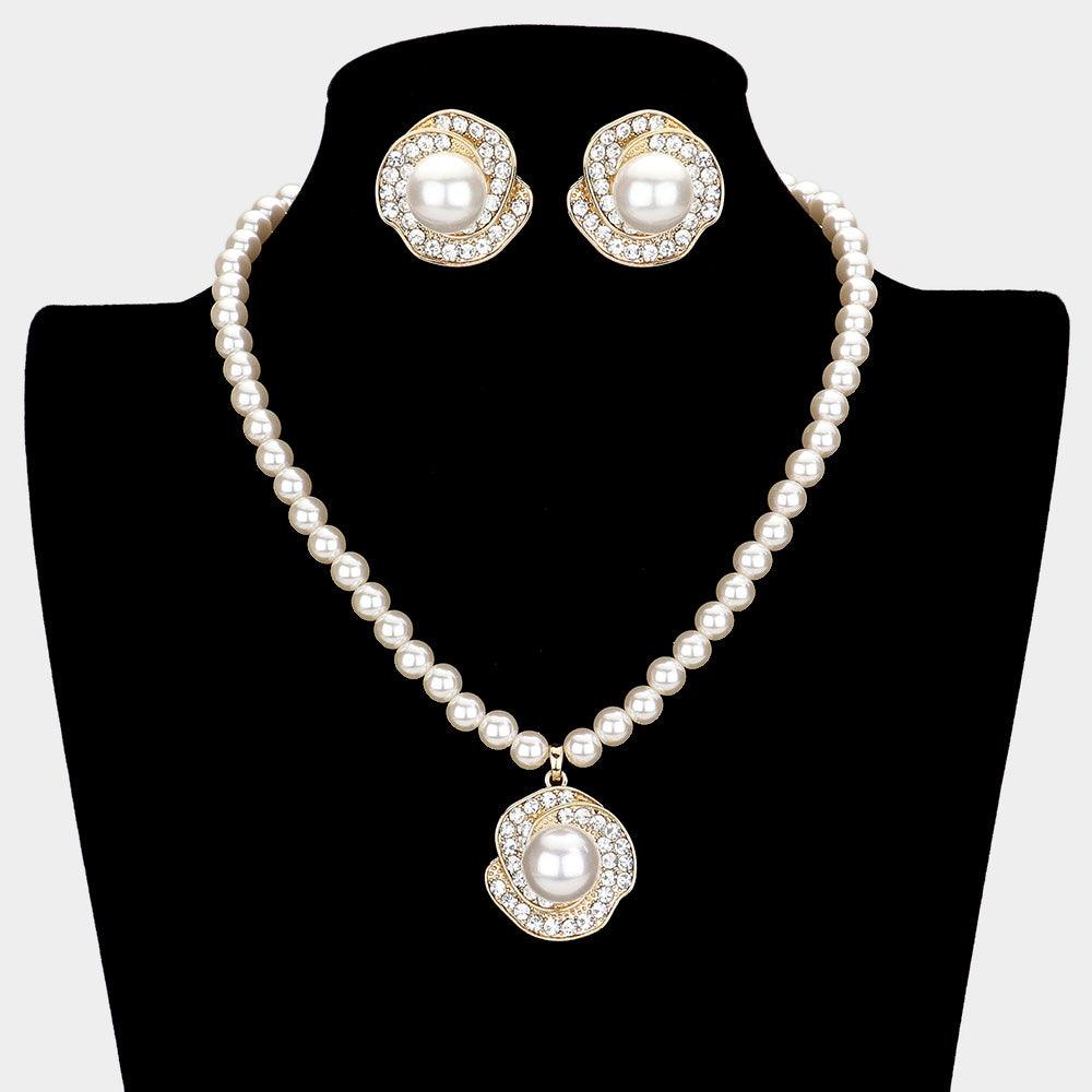 Gold Rosette Pearl Collar Necklace Rhinestone Paved