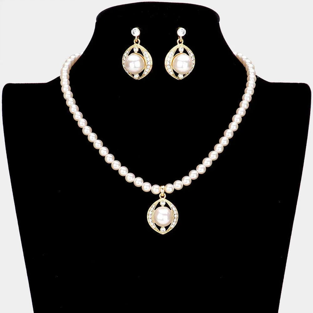 Cream Pearl Centered Rhinestone Embellished Metal Pendant Necklace - Jewelry Store by Erik Rayo