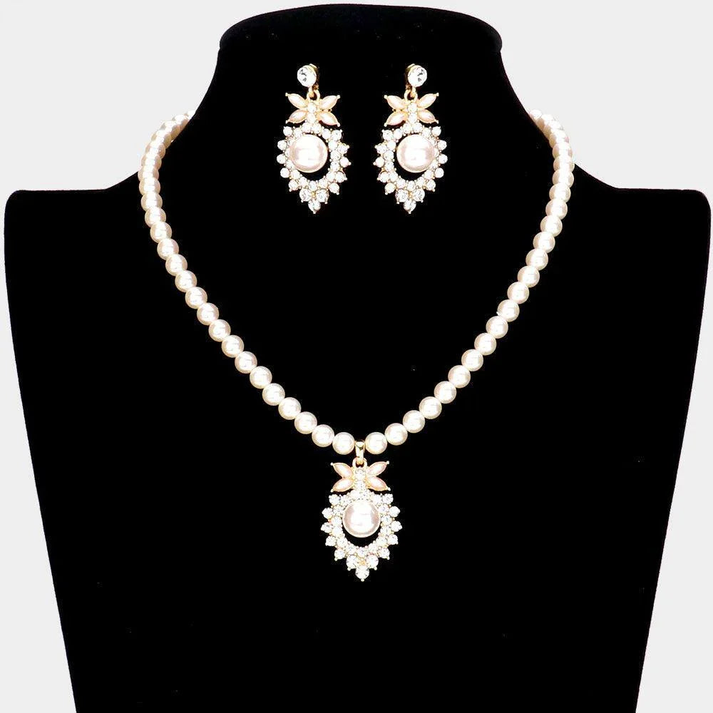 Cream Pearl Centered Rhinestone Embellished Metal Pendant Necklace - Jewelry Store by Erik Rayo