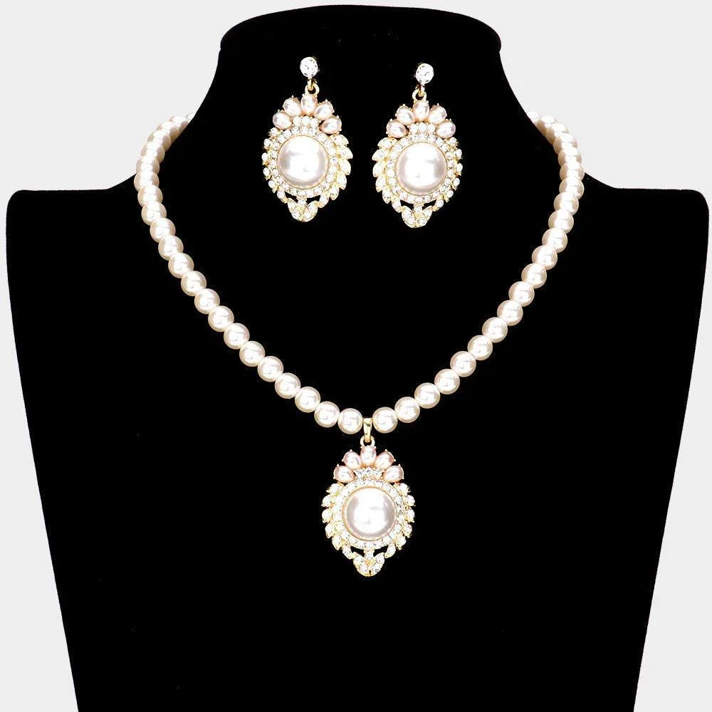Cream Pearl Centered Stone Embellished Metal Pendant Necklace - Jewelry Store by Erik Rayo