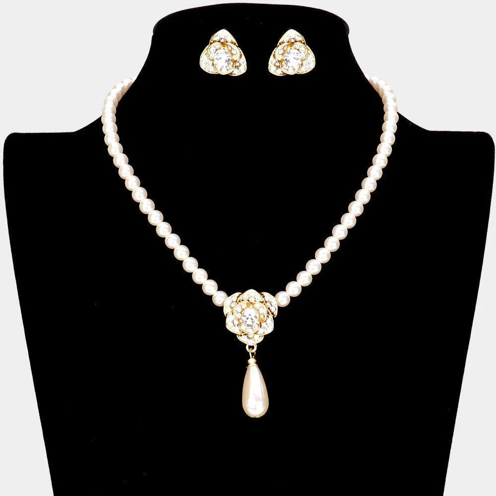 Cream Stone Embellished Metal Flower Pearl Pendant Necklace - Jewelry Store by Erik Rayo