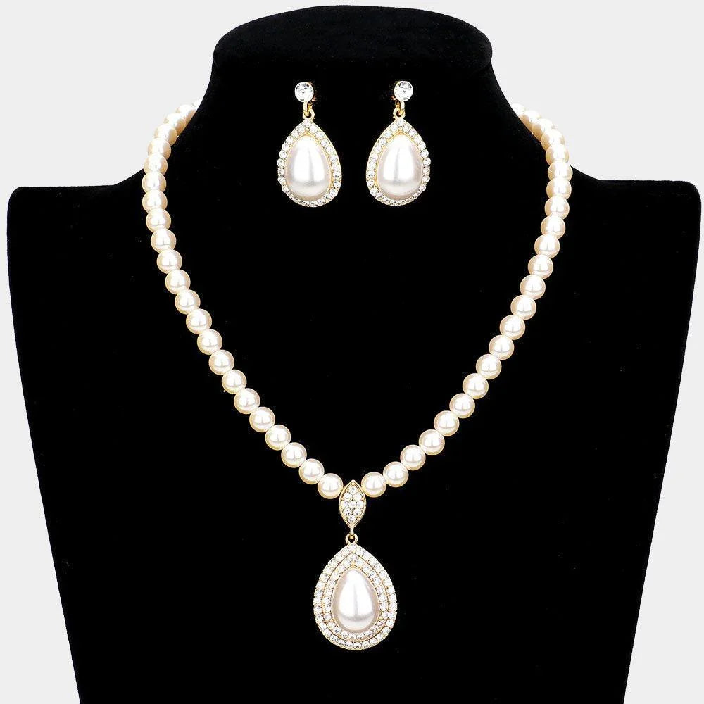 Rhinestone Trimmed Teardrop Pearl Pendant Necklace - Jewelry Store by Erik Rayo