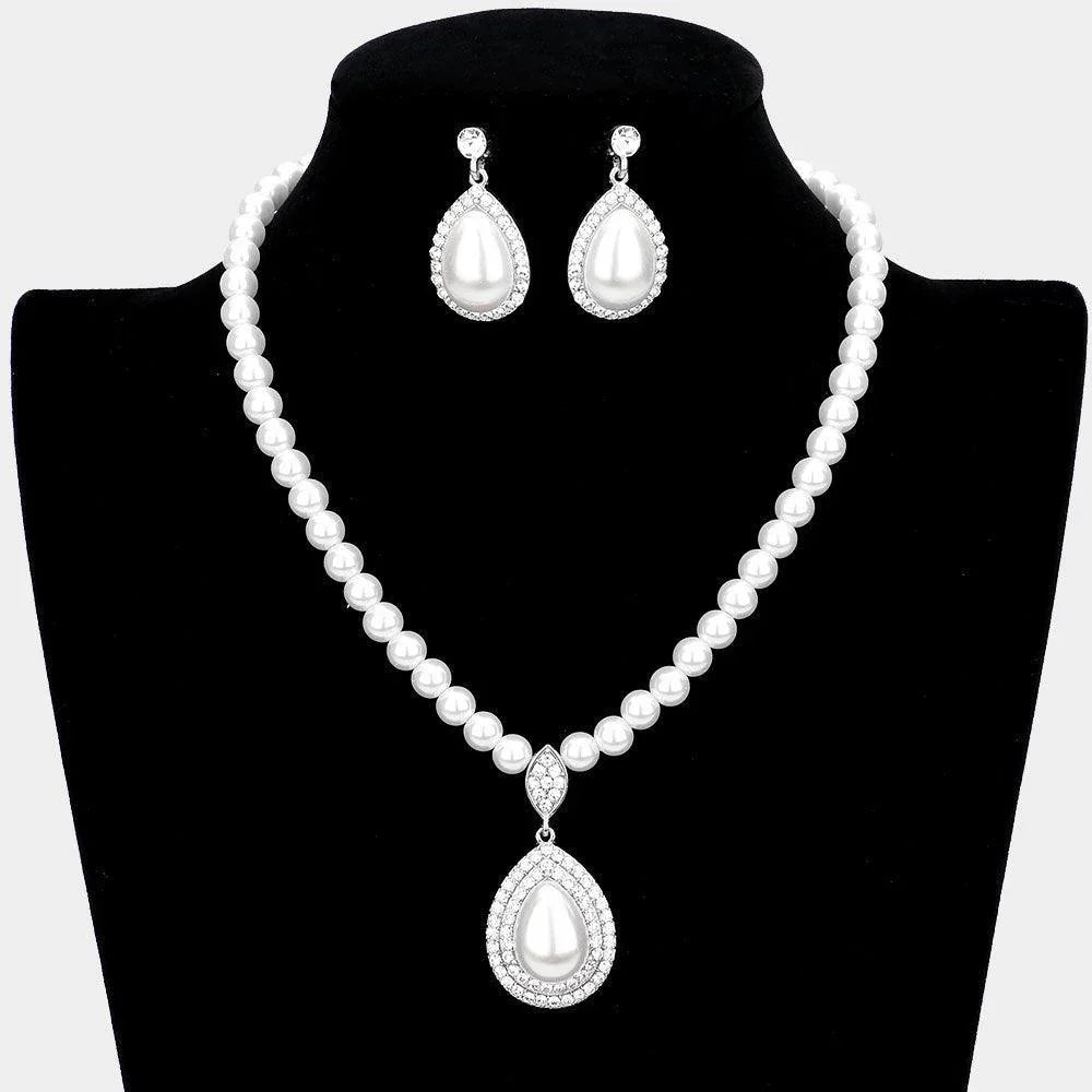 Rhinestone Trimmed Teardrop Pearl Pendant Necklace - Jewelry Store by Erik Rayo