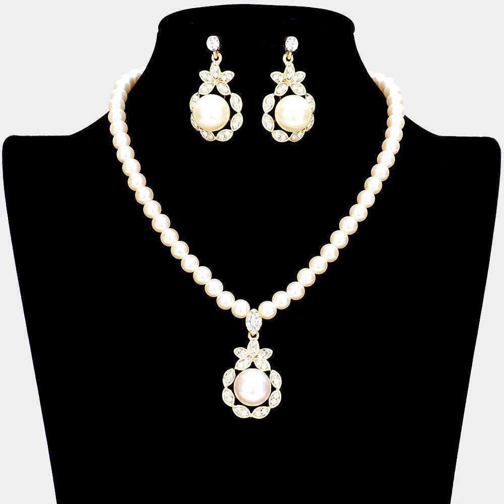 Cream Pearl Centered Rhinestone Embellished Marquise Cluster Necklace - Jewelry Store by Erik Rayo