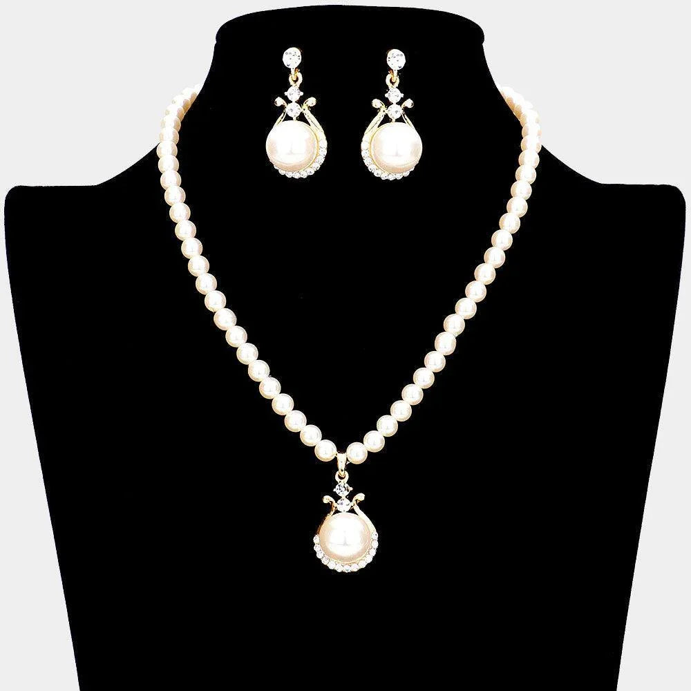 Cream Rhinestone Trimmed Teardrop Pearl Accented Necklace - Jewelry Store by Erik Rayo