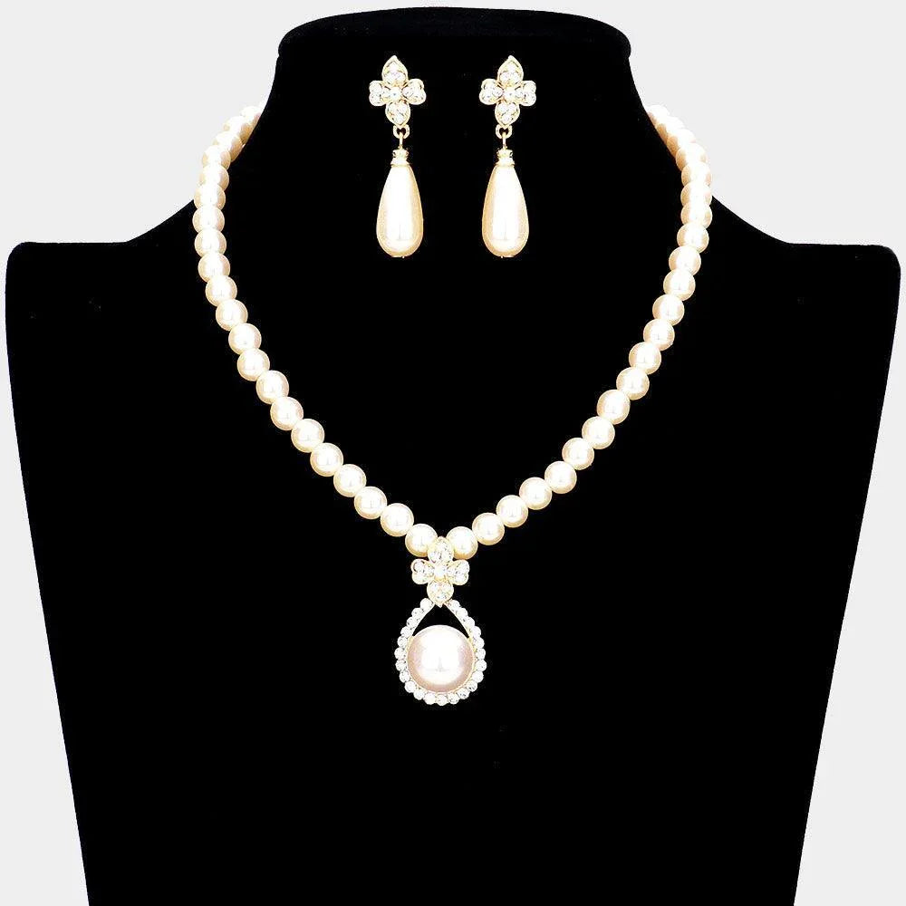 Cream Pearl Centered Rhinestone Trimmed Teardrop Accented Necklace - Jewelry Store by Erik Rayo