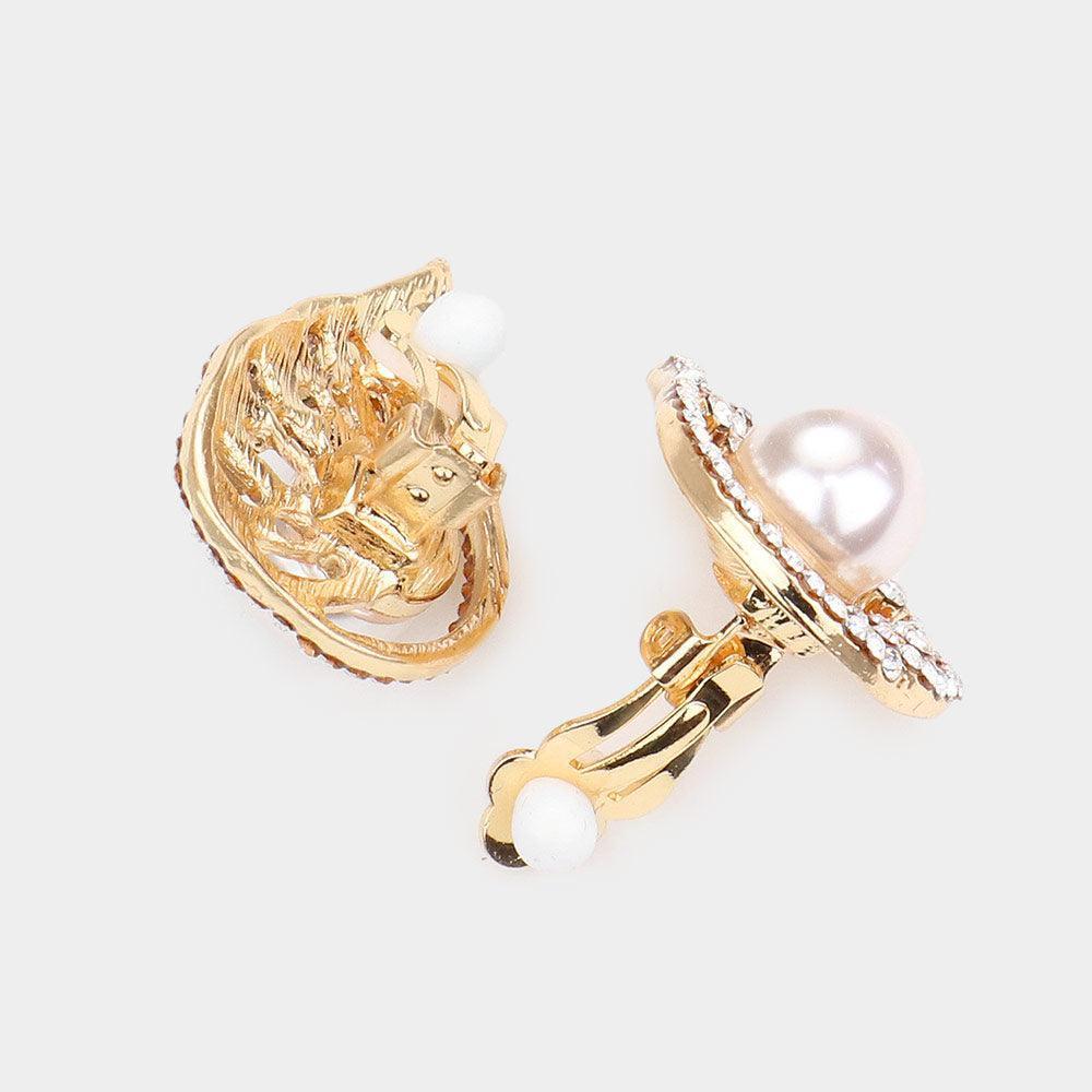 Cream Pearl Accented Rhinestone Embellished Teardrop Necklace Clip on Earrings Set - Jewelry Store by Erik Rayo