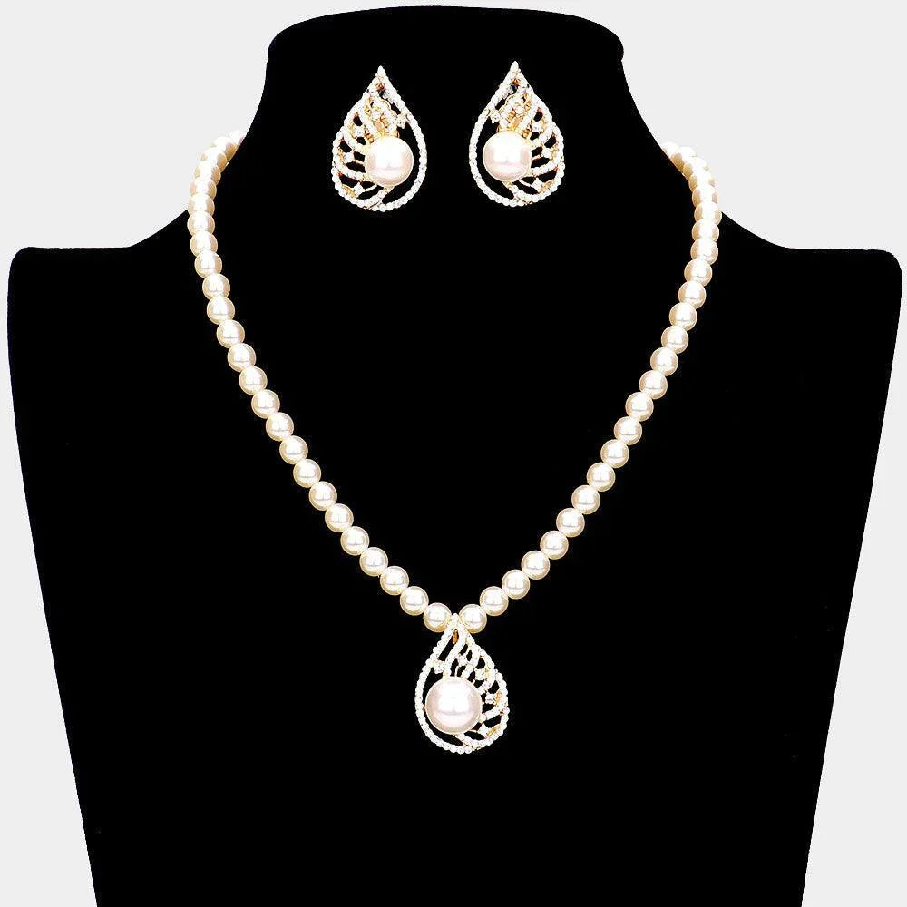Cream Pearl Accented Rhinestone Embellished Teardrop Necklace Clip on Earrings Set - Jewelry Store by Erik Rayo