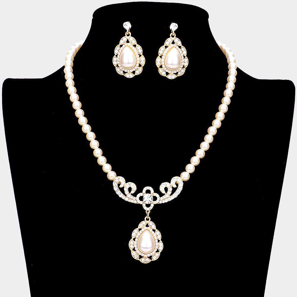 Cream Rhinestone Embellished Quatrefoil Teardrop Pearl Accented Necklace - Jewelry Store by Erik Rayo