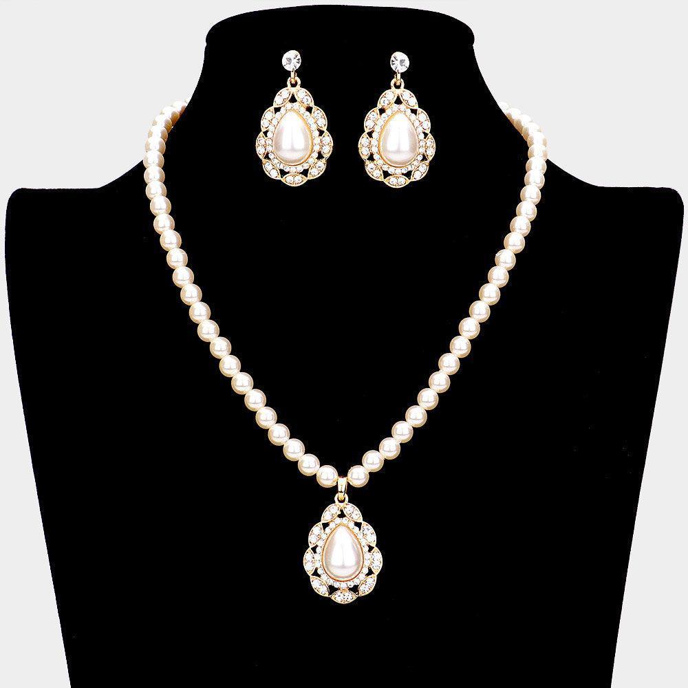 Cream Rhinestone Embellished Teardrop Pearl Accented Necklace - Jewelry Store by Erik Rayo