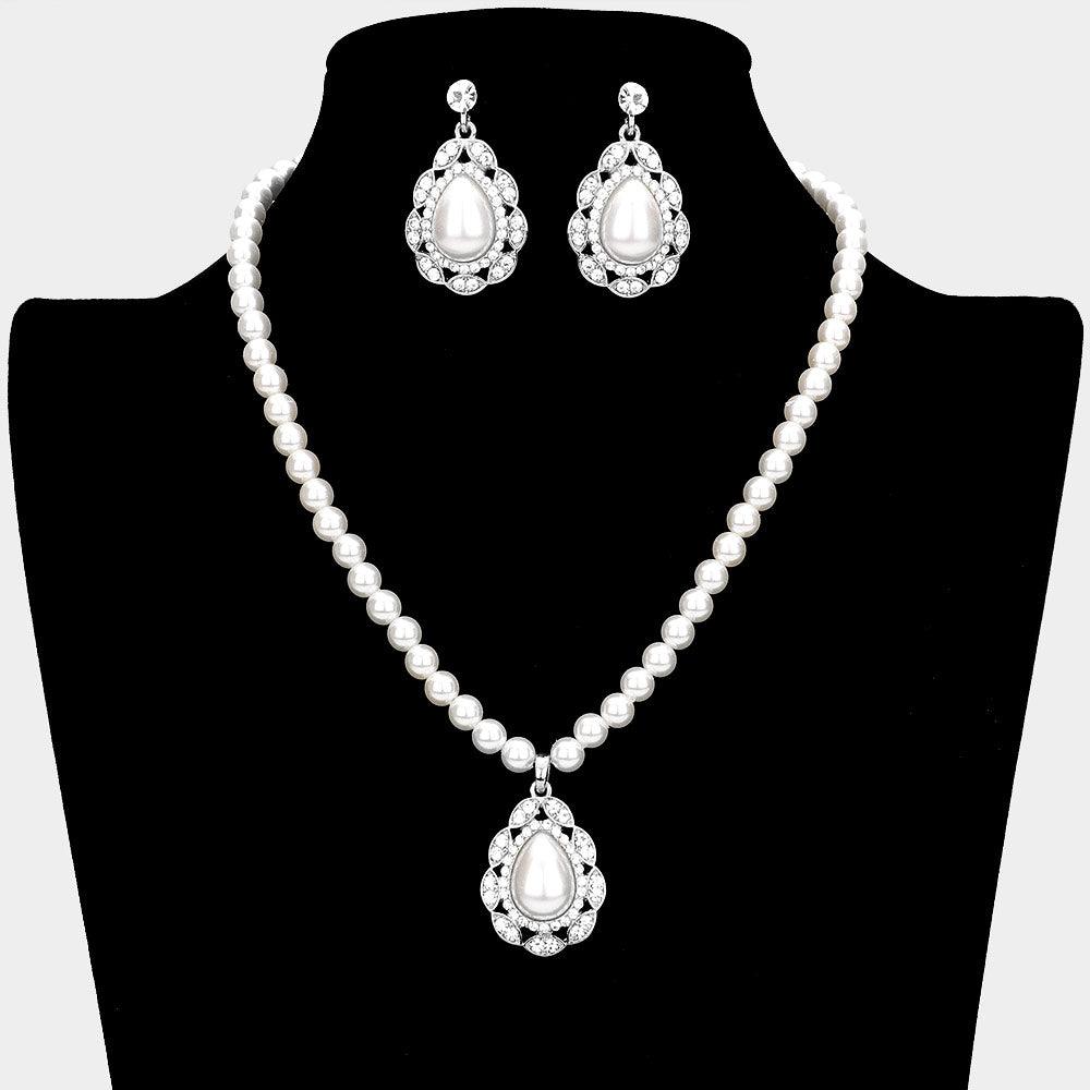 White Rhinestone Embellished Teardrop Pearl Accented Necklace