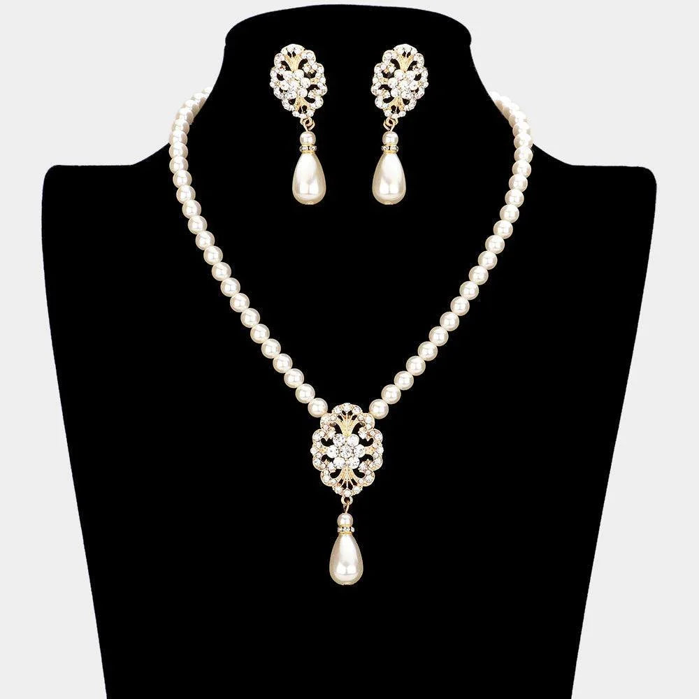 Gold Pearl Accented Rhinestone Embellished Metal Link Necklace - Jewelry Store by Erik Rayo