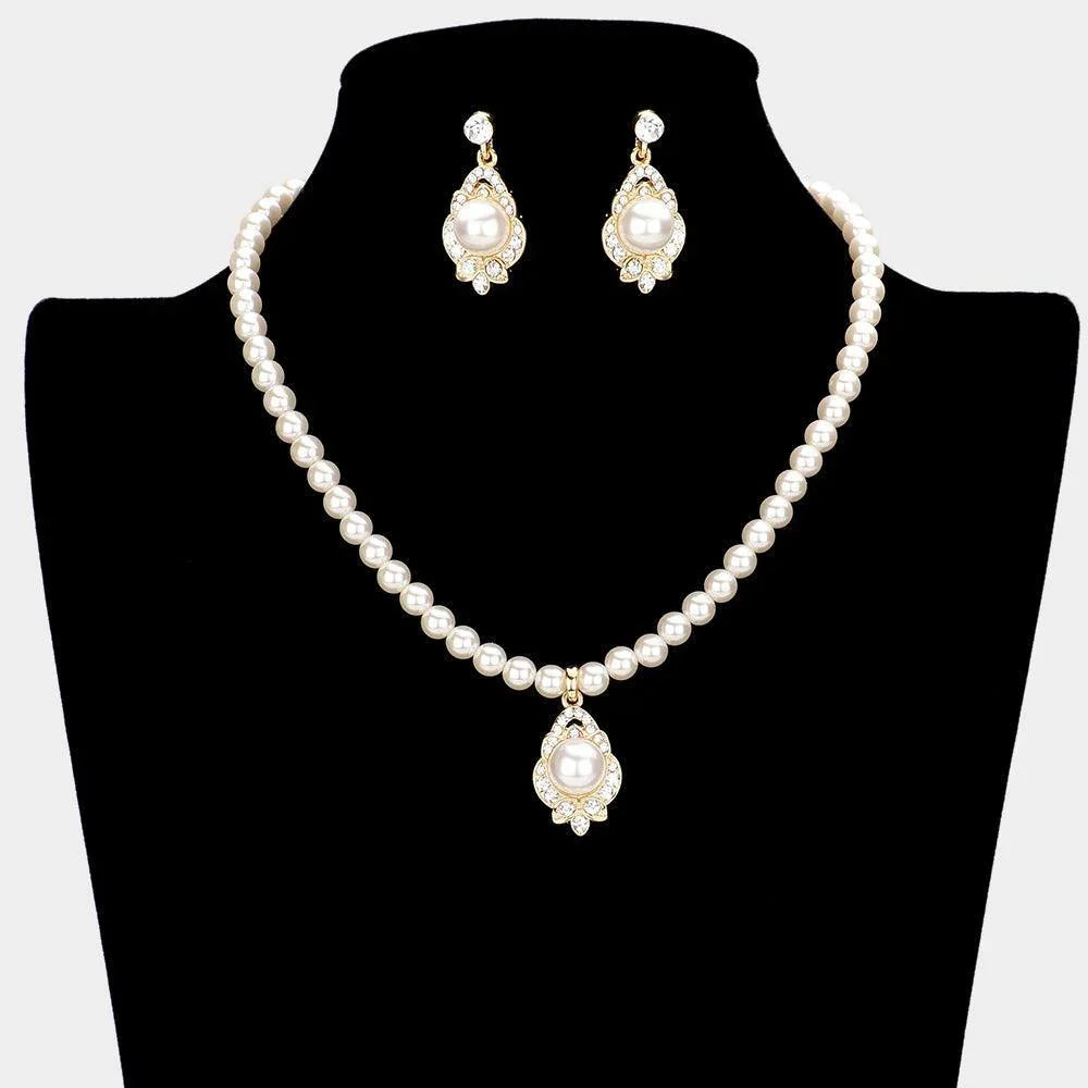 Cream Pearl Centered Rhinestone Embellished Pendant Necklace - Jewelry Store by Erik Rayo