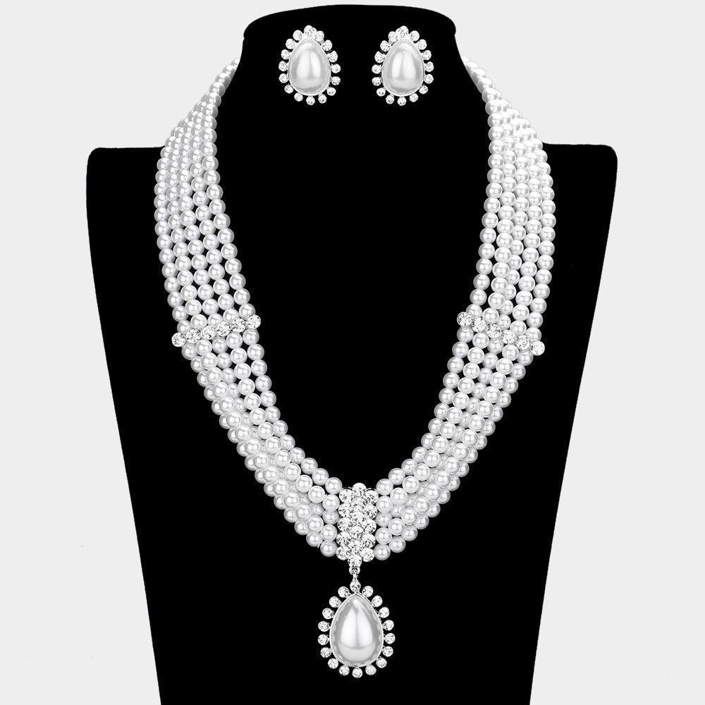 White Teardrop Pearl Bubble Stone Trimmed Pendant Necklace Clip On Earring Set - Jewelry Store by Erik Rayo