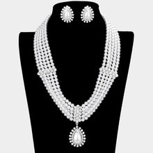 Load image into Gallery viewer, White Teardrop Pearl Bubble Stone Trimmed Pendant Necklace Clip On Earring Set
